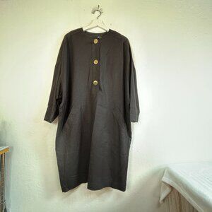 N.R.1 Womens Gold Button Shift Dress Size 12 Linen Blend Black Pockets Lagenlook
